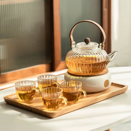 Luminous Glass and Wood Teapot Set with Warming Base