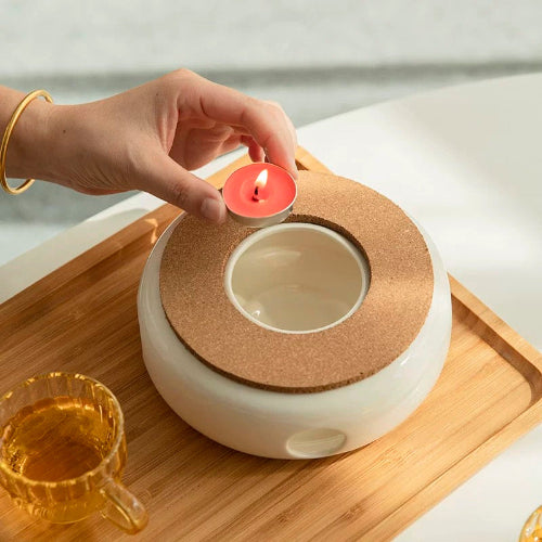 Luminous Glass and Wood Teapot Set with Warming Base