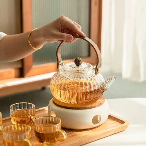 Luminous Glass and Wood Teapot Set with Warming Base
