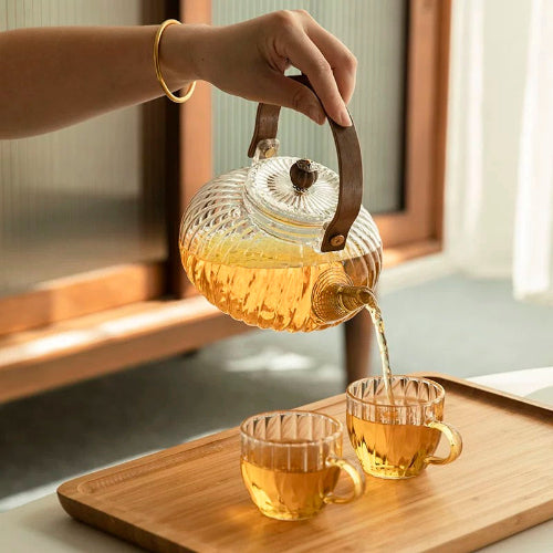 Luminous Glass and Wood Teapot Set with Warming Base